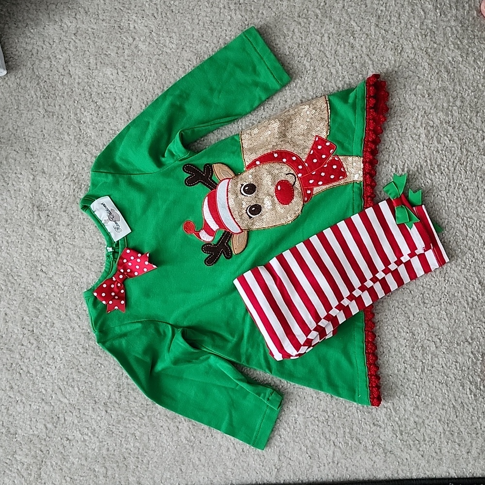 Reindeer Sequin Top with Stripe Pants